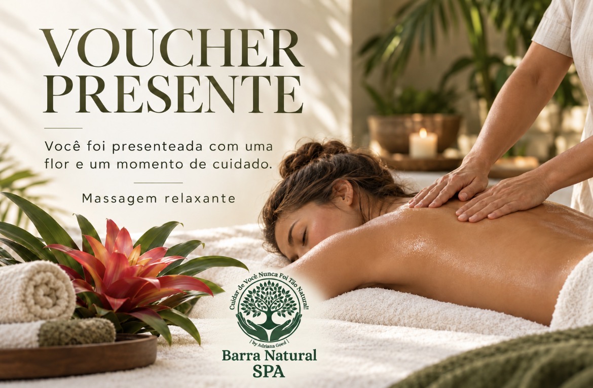 Cartão de voucher-presente de massagem com flores e a logomarca Barra Natural Spa